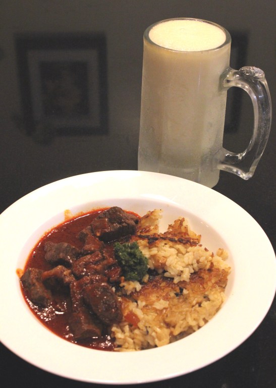 Chili. With polow salvaged from misery pilaf. And a mug of piña colada. Because Texas.