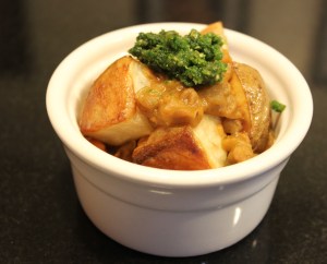 Vegetarian Chorizo con Papa, with spicy, delicious zhug